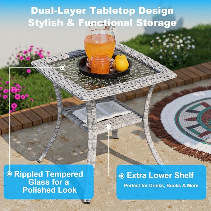 3-Piece Small Patio Furniture Set, Outdoor Swivel Rocking Chairs Set with Wicker Chairs and Tempered Glass Side Table, Outdoor Furniture Patio Bistro Set for Balcony, Deck, Porch