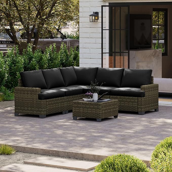 LET'S PATIO Luxury Patio Furniture Set, 6 Piece Outdoor Furniture Set, All-Weather Patio Sectional Sofas with Thickened Cushions, Black