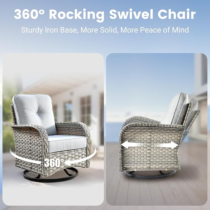 Outdoor Swivel Rocker Patio Chairs,Wicker Glider Swivel Rocking Chair Set of 2,Patio Rocking Swivel Chair Set with Rattan Side Table for Pool Deck Porch Balcony,Light Gray