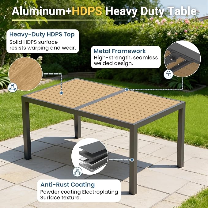 Aluminum Outdoor Table for All-Weather, 59" Patio Tables with Heavy Duty HDPS Rectangular Tabletop, Outside Table with Quick-Drying Slatted Design for Patio, Garden, Deck, Porch, Poolside, Backyard