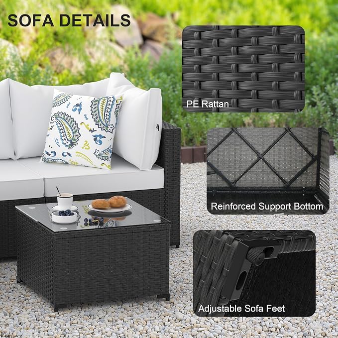 Patio Furniture Set w/ Fire Pit Table, 6PCS Outdoor Conversation Sets Waterproof Rattan Sectional Sofa with 4” Thickened Cushion Modular Wicker Patio Furniture Set with Glass Top Table (White)