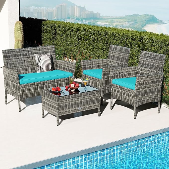 Tangkula 4 Pieces Patio Rattan Conversation Set, Outdoor Wicker Furniture Set with Cushioned Chair, Loveseat & Tempered Glass Table, Outside Sectional Sofa Set for Backyard (G-Turquoise,1)