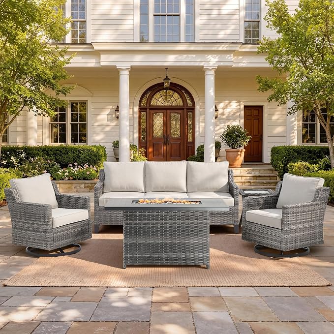 Belord Patio Wicker Swivel Rocker Patio Chairs with 3-Seater Sofa,Outdoor Furniture Set for Deck Porch Garden, 5 Piece Patio Conversation Furniture Set,Beige