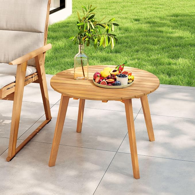 Tangkula Outdoor Side Table, 24.5 Inch Acacia Wood Round Accent Bistro Patio Table with Slatted Tabletop, for Backyard, Balcony, Poolside, Garden (1)