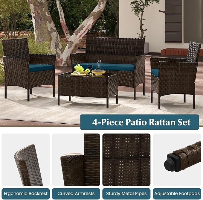Tangkula 4 Piece Patio Rattan Conversation Set, Outdoor Wicker Furniture Set with Chair, Loveseat & Tempered Glass Table, Cozy Seat Cushions, Outside Sectional Sofa Set for Backyard (1, Peacock Blue)