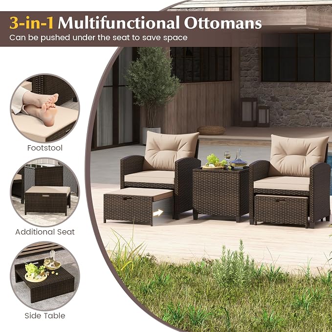 COSTWAY 5-Piece Rattan Conversation Set, Outdoor Wicker Sofa, Tempered Glass Coffee Table & Ottomans for Small Space, Boho Chic Indoor/Outdoor Furniture Set for Poolside, Backyard, Deck (Beige)