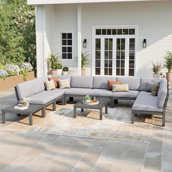 Stoog 11-Piece Patio Conversation Set, 9-Seats U-Shaped Modular Patio Sofa Set - Gap-Free & No Shifting Design, HIPS Frame & Olefin Cushions, Grey