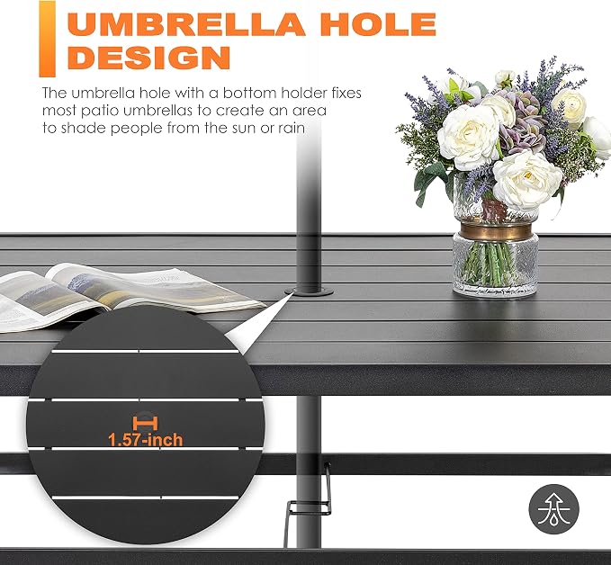 NUU GARDEN 7 Pieces Patio Dining Set, All-Weather Outdoor Furniture with 6 Dining Chairs and 1 Rectangle Steel Dining Table with Umbrella Hole for Patio Deck Garden, Black and Brown