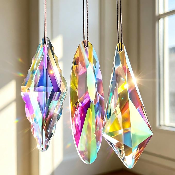 YU FENG 3PCS Crystal Suncatcher Prism, AB Rainbow Maker for Window | Faceted Geometric Glass Prisms, Hanging Crystal Ornament, Creates Colorful Rainbow Effects, Home Garden Window Decor