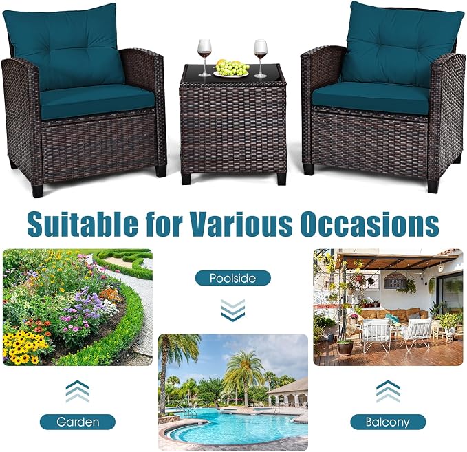 KOTEK 3 Piece Patio Furniture Set, Outdoor Conversation Set with Washable Cushions & Tempered Glass Tabletop, PE Rattan Wicker Bistro Set for Porch, Garden, Balcony (Peacock Blue)