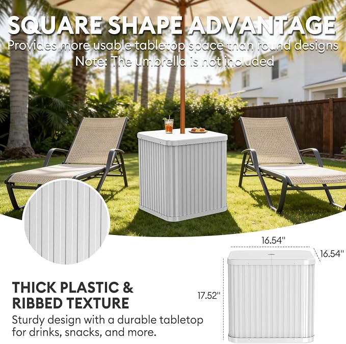 Umbrella Side Table - Hyperzoo Outdoor Patio Table with Umbrella Hole, Heavy Duty Plastic Poolside Table Holds 132 lbs with Water Filled Base, Fits ≤1.5”Umbrella Pole for Poolside & Backyard, White