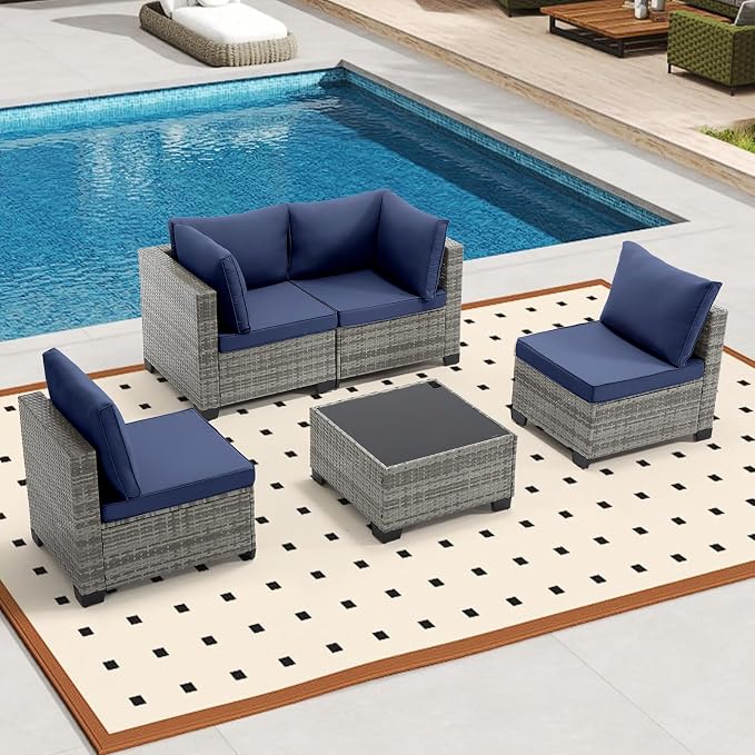 Bonzy Home 5 Pieces Outdoor Patio Furniture Set, PE Rattan Outdoor Sectional Furniture Sofa Set with Removable Cover and Glass Coffee Table, Patio Sofa for Balcony, Porch, Garden, (Grey-Navy Blue)