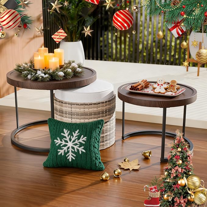 Cabana Chic Nesting Tables with Ottomans, Outdoor Round Side Table, Nesting Coffee Table Set, 2 Tables 1 Ottoman, Brown/Beige
