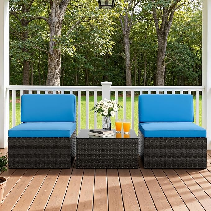 Devoko 3 Pieces Outdoor Patio Conversation Sets, Couch Sectional Sofa Rattan Chair Wicker with Tea Table, Furniture Bistro Sets for Garden,Balcony,Backyard, Blue