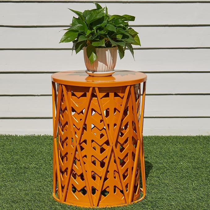 Y&M Set of 3 Metal Round Table, Coffee Table End Table for Indoor Outdoor Multifunctional Use, Heavy Duty Metal Plant Stand Decorative Garden Stool- Orange