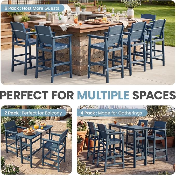 4 Pack HDPE Outdoor Bar Height Chairs, 28.5" All-Weather Patio Stools with Comfortable Armrests, Heavy-Duty Poly Wood High Top Seating for Outdoor Kitchen/Garden/Fire Pit/Backyard, Blue