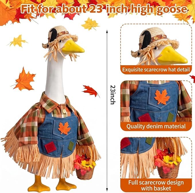Scarecrow Porch Goose Outfits Fits 23" Cement Plastic Statue Fall Scarecrow Goose Clothes for Autumn Day Outdoor Garden Yard Patio Statue Art Decor