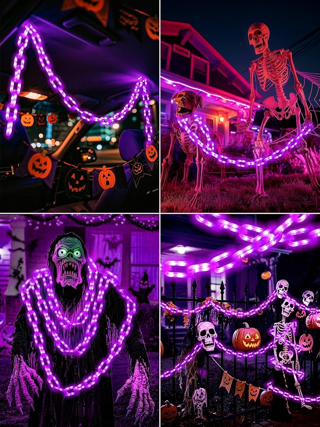 Battery Halloween Chain Lights, 10 FT 160 LED Purple Light-Up Plastic Timer | 8 Modes Battery Operated with Memory for Skeleton Dog, Yard Skeleton, Haunted House and Outdoor Decor Halloween Decorations
