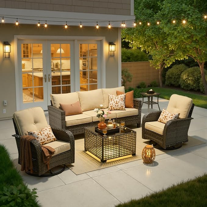 5 Piece Wicker Patio Furniture with Swivel Rocker Chair, Beige | High Back Swivel Rocker Chairs, All Weather Rattan Outdoor Sofa, Solar Lights Table, Modern Conversation Sets, Deck Backyard