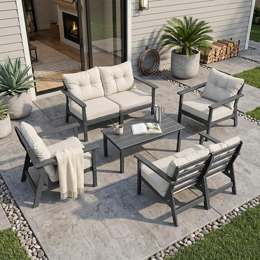 HDPE Patio Conversation Set 6 Seats, Outdoor Furniture Set, Patio Sofa Set | Water-Resistant Thick Cushion, HDPE All Weather, Wood-Grain, No Rot or Rust or Crack, UV Fade Shield, Easy-Clean for Outside