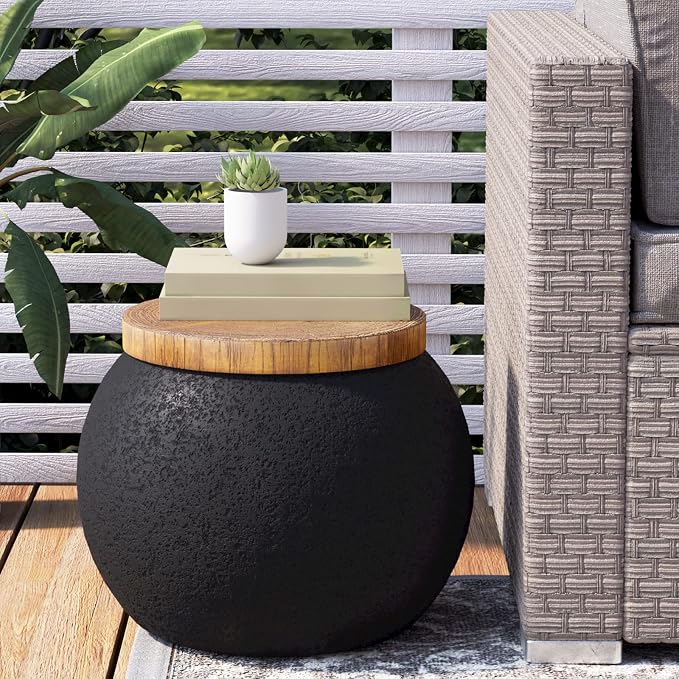 COSIEST Outdoor Side Table Set of 2, Black Drum Outdoor End Tables,17" Patio Side Table, Concrete Side Tables for Outside Faux-Wood Top Accent Table Stool for Yard, Garden, Indoor
