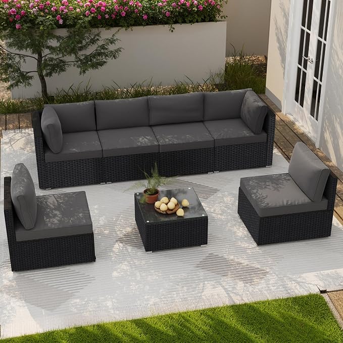 7-Piece Outdoor Patio Furniture Set, Outdoor Couch - Handwoven All-Weather Rattan & 4” Thick Waterproof Cushions, Wicker Outdoor Conversation Sets with Coffee Table for Backyard, 2026, Black/Grey