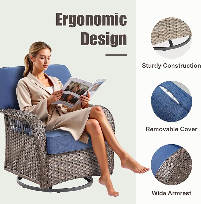 6 Pieces Outdoor Patio Conversation Sets Swivel Chairs, Wicker Swivel Rocker Patio Chairs Set of 4 with Rattan Side Tables, Wicker Outdoor Furniture for Deck Porch Garden Backyard, Blue