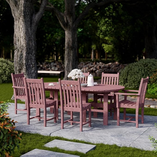 Wildridge Classic 7-Piece 44"x84" Dining Set, Cherrywood - Outdoor Weather Resistant Recycled Plastic Furniture for Patio
