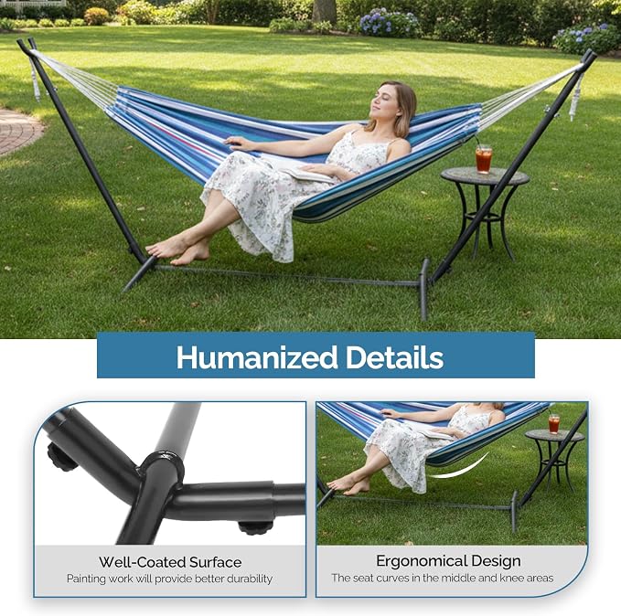 Vasitelan Hammock with Space Saving Steel Stand Included 2 Person Heavy Duty Outside Garden Yard Outdoor 330lb Capacity 2 People Standing Hammocks and Portable Carrying Bag (Blue & Purple)