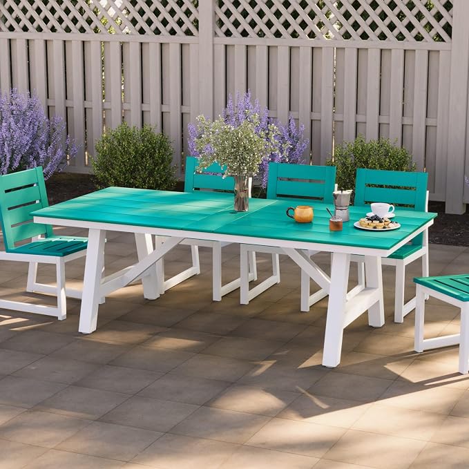 Costaelm Rectangle Patio Table, 8-Person Backyard Table 90" HDPE Dining Table with Umbrella Hole and Metal Frame for Outside, Garden, Poolside, Deck, Porch, Balcony, Turquoise
