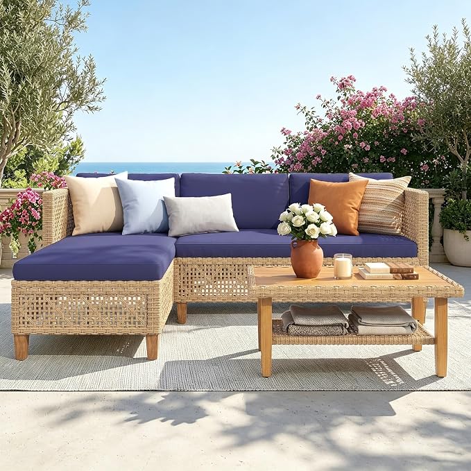 PHI VILLA Sectional Outdoor Couch, L-Shaped Wicker Patio Sofa Set, Small Rattan Patio Furniture Set with Acacia Wood Coffee Table for Deck Porch, 4 Seats, Navy Blue Cushion