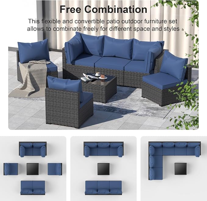 Patio Furniture Set, 8PCS Outdoor Sectional w/ Fire Pit Table PE Rattan Patio Conversation Set w/Thickened Cushion Patio Sectional Modular Wicker Patio Sofa Set w/Coffee Table for Balcony(Blue)