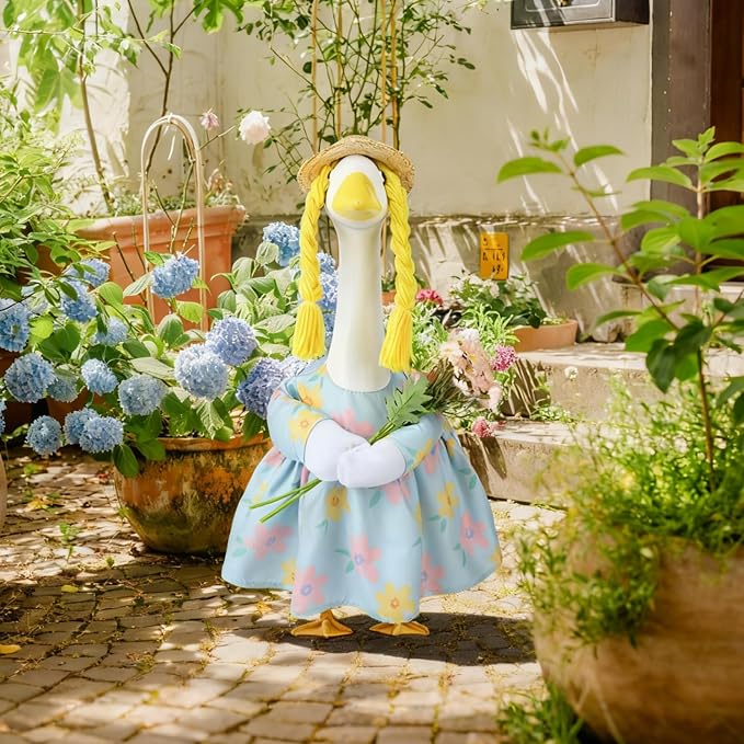 Spring Porch Goose Outfit, 23 Inch Floral Dress with Straw Hat and Braided Hair, Cute Goose Statue Clothes for Outdoor Lawn Garden Decor, Funny Farmhouse Porch Decoration