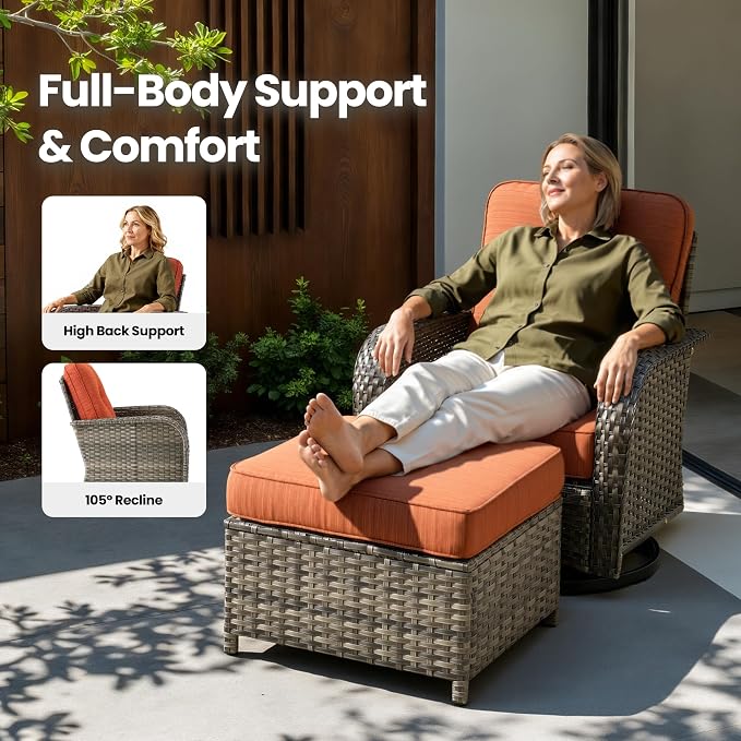 10 Piece Wicker Patio Furniture Set with Firepit, Orange | High Back Swivel Rocker Chairs, 54-inch Fire Pit, Outdoor Sofa Ottoman Solar Lights Table, Conversation Sets, Deck Backyard