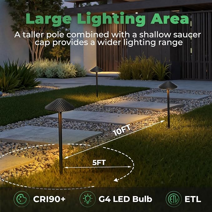 Low Voltage Pathway Lights (6.69'' Shade, 21.54'' Tall) 12V Outdoor LED Landscape Pathway Lighting Aluminum Vintage Hammered Path Lights with 4W 2700K Replaceable Bulb, 8 Pack