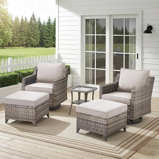 Belord Patio Wicker Swivel Rocker Patio Chairs with Side Table, Outdoor Rattan Chairs for Deck Porch Garden, 5 Piece Luxury Patio Furniture Set, Beige