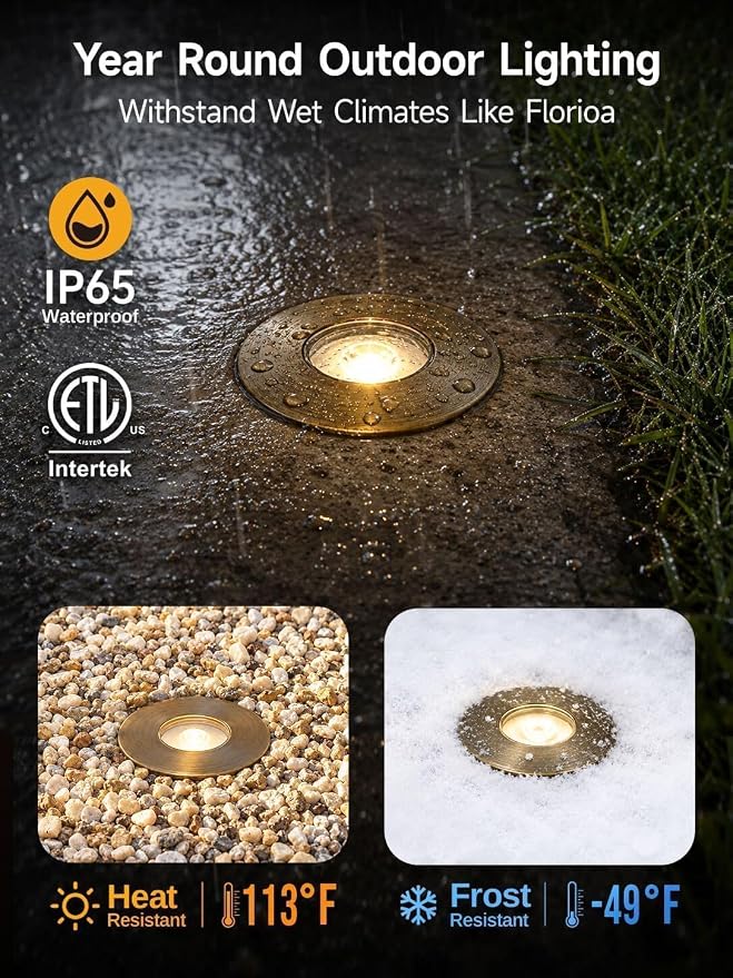 Mini Brass Well Light, 12V IP65 Drive-Over, 1 Pack | Solid Brass Body, Replaceable MR8 Bulb, PVC Sleeve, IP65 Waterproof, ETL Listed, Transformer & Wire Sold Separately