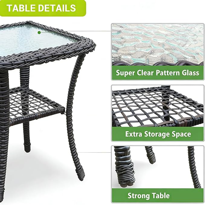 Outdoor Glass Side Table, End Table with Glass Top, Patio Coffee Bistro Table for Indoor Garden Porch Balcony (Black, Square 18x18x23in)