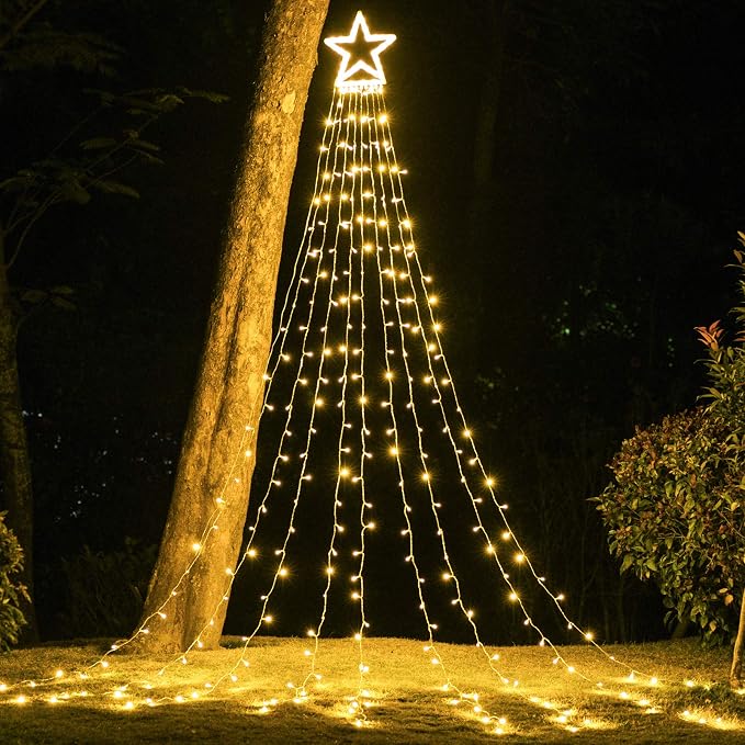 Christmas Decorations, Outdoor Christmas Lights, 320 LED Outdoor Christmas Tree String Lights with 12" Star Toppers [8 Modes& Waterproof] for Xmas New Year Holiday Decor (Warm White)