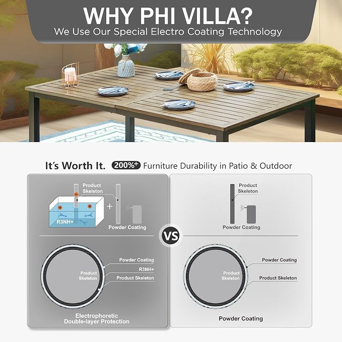 PHI VILLA Patio Dining Set for 6, Stackable Chairs&Wood-Like Table | 65” Brown Wood-Like Metal Steel Dining Table & Black Iron Chairs, Patio Furniture Set for Patio, Deck, Yard, Porch