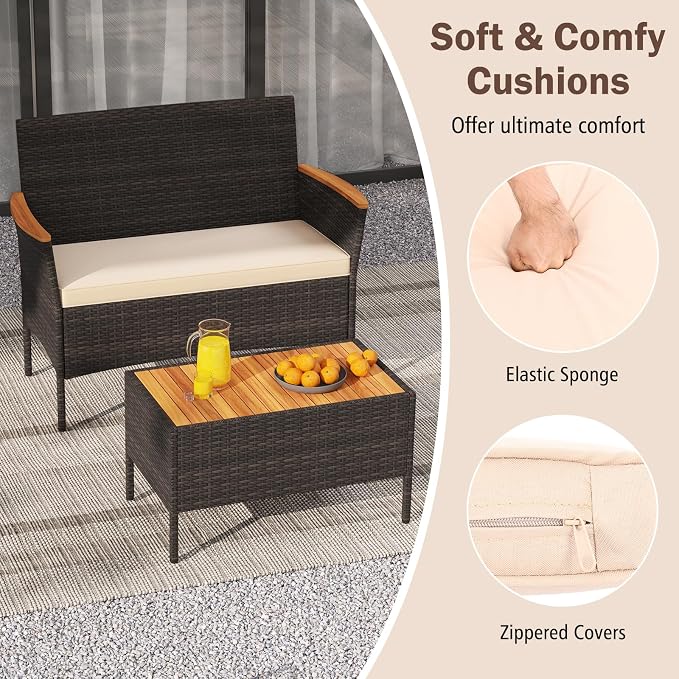Tangkula 8 Pieces Patio Wicker Sofa Set, 2 Rattan Chairs & Loveseat w/Coffee Table, Acacia Wood Armrests & Tabletop, Outdoor Cushioned Conversation Set for Backyard, Poolside (Beige, 8 Pieces)