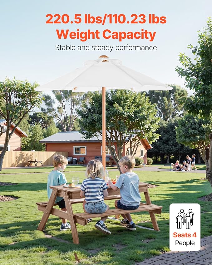 VEVOR Kids Picnic Table with Umbrella, 3-in-1 Sand & Water Table, Outdoor Wooden Table and Bench Set with 2 Trays, 4-People Patio Dining Furniture for Garden, Backyard and Porch (Walnut)