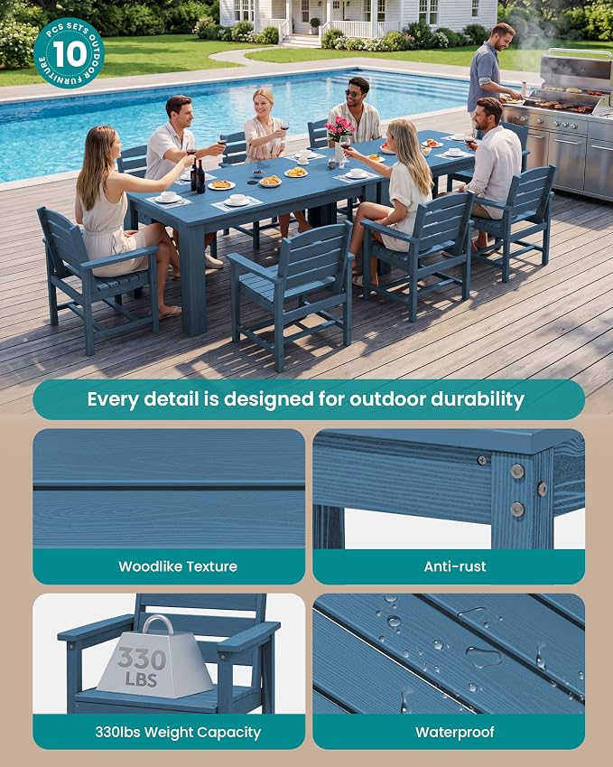 SERWALL Outdoor Dining Set for 8, w/ 2 Tables & 8 Armchairs, Blue | All Weather Resistant HDPE Dining Sets for Patio, Garden, Backyard