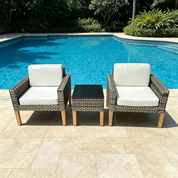 DECMICO 3 Piece Rattan Conversation Bistro Set, Outdoor Wicker Patio Furniture Set, All-Weather PE Rattan Chairs with Cushions for Backyard, Balcony, Garden, Beige