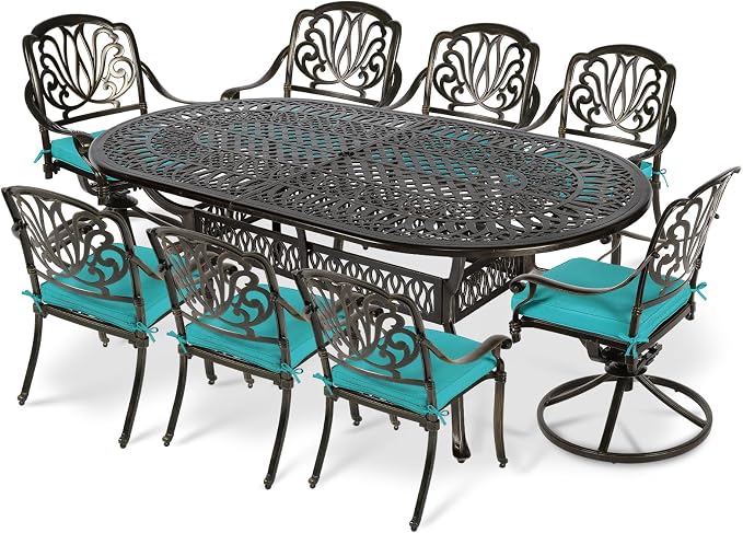 VIVIJASON 9-Piece Outdoor Furniture Dining Set, All-Weather Cast Aluminum Patio Conversation Set, Include 6 Stationary Chairs, 2 Swivel Dining Chairs, Oval Table with Umbrella Hole, Ocean Blue Cushion
