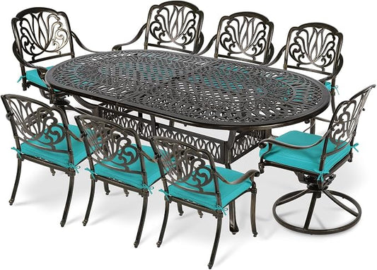 VIVIJASON 9-Piece Outdoor Furniture Dining Set, All-Weather Cast Aluminum Patio Conversation Set, Include 6 Stationary Chairs, 2 Swivel Dining Chairs, Oval Table with Umbrella Hole, Ocean Blue Cushion
