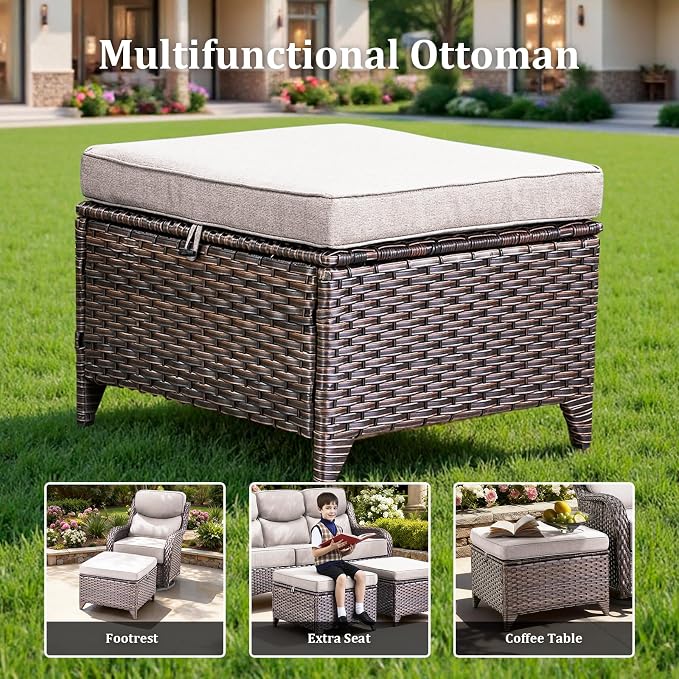 Luxury Patio Furniture Set with 42.5" Fire Pit Table, 10 Pieces High Back All Weather Wicker Outdoor Furniture w/ 6-Inch Thick Cushions, Patio Swivel Chairs Couch for Deck Balcony Backyard Brown/Beige