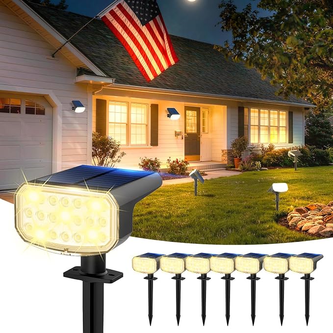 JEJOT Solar Lights Outdoor Waterproof IP65, Super Bright LED with Lens, 3000K 2 Lighting Modes, Solar Powered Yard Garden Solar Spot Lights for Outside Landscape Auto On/Off -8 Pack