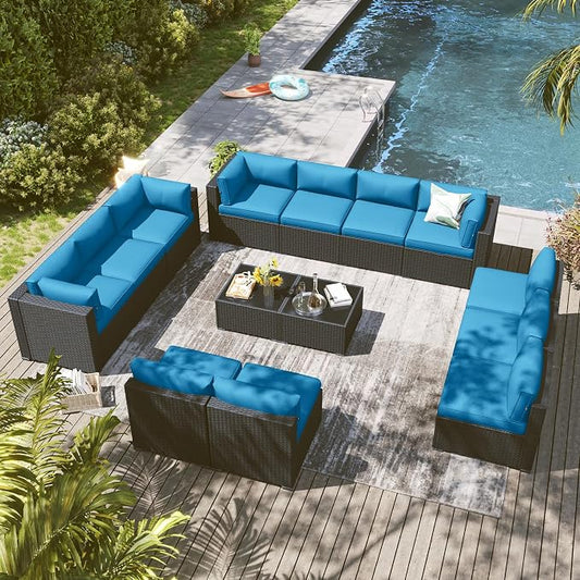 LazySunsets 14 Piece Outdoor Patio Furniture Set with Coffee Table, Outdoor Patio Furniture Set with 4'' Thicken Cushion, Wicker Rattan Outdoor Conversation Set for Backyard & Garden, Peacock Blue
