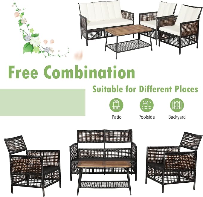Tangkula 4 Pieces Patio Furniture Set, Outdoor PE Wicker Conversation Set with 2-Tier Coffee Table, Acacia Wood Tabletop & Extra Storage Shelf, Outdoor Furniture Sofa Set w/Cushions (1, Off White)